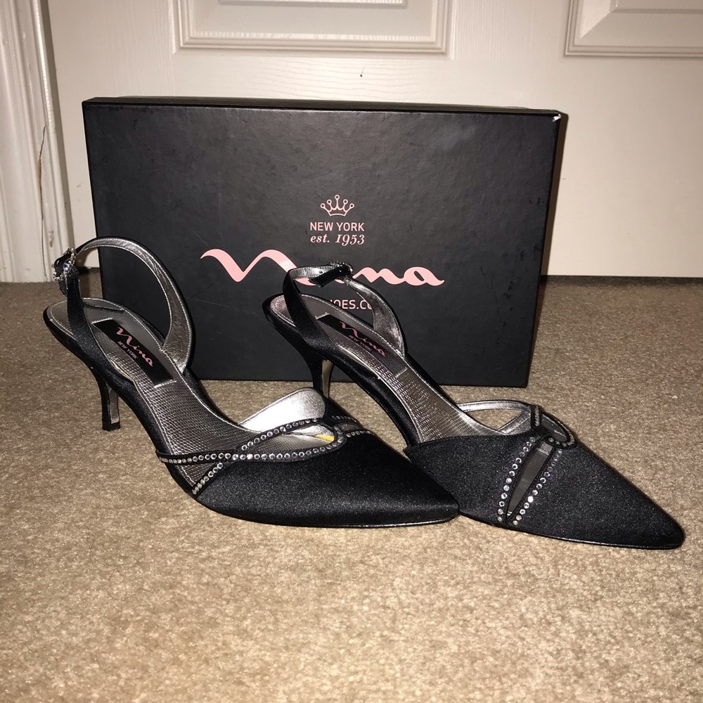 Black bedazzled pointed toe heels
